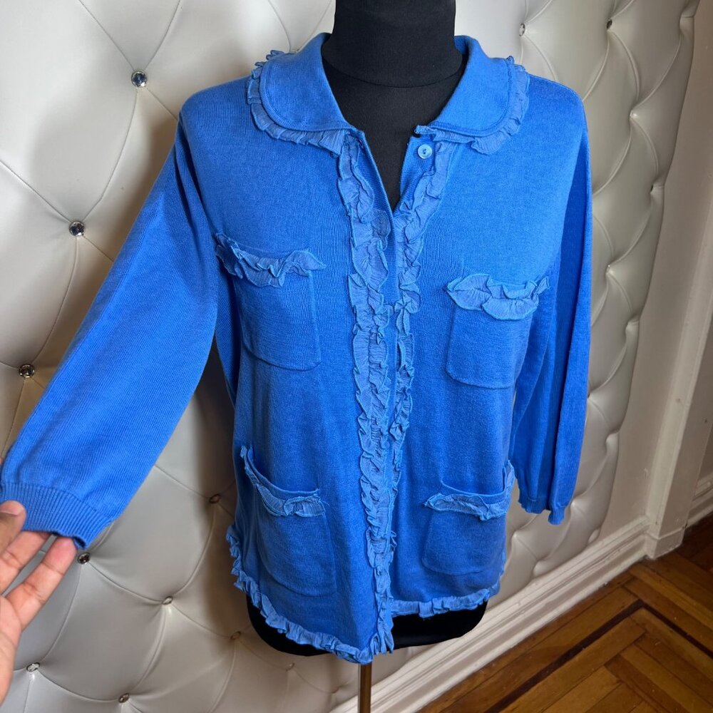 Tracy M. Blue Ruffled Cardigan Size L - Picture 2 of 9